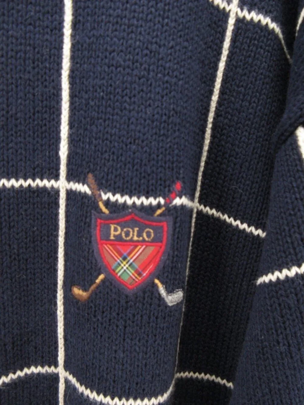 VINTAGE Polo Ralph Lauren Sweater XL Navy Golf Crest Ribbed Chunky Knit